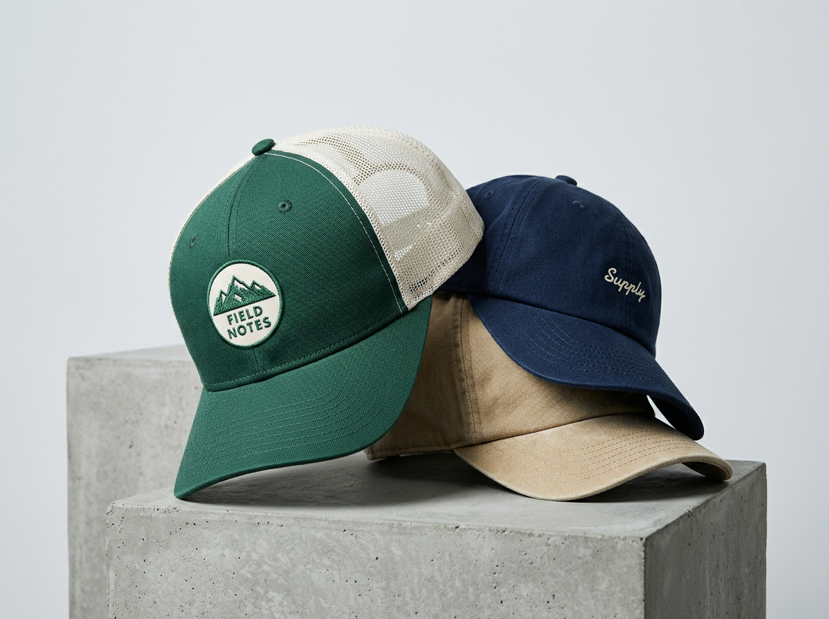 Illustrative custom embroidered green, navy, and tan caps on studio plinths